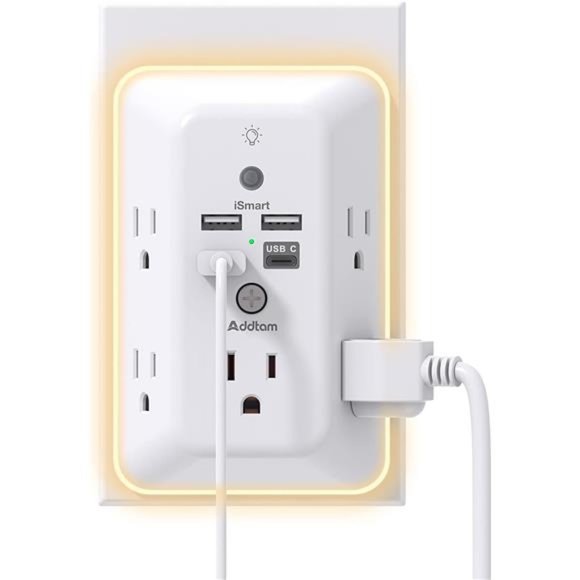 Surge Protector, Multi Plug Outlet Extender with Night Light for Home, Office